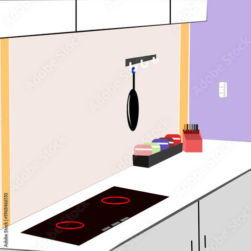 Modern Kitchen Countertop with Induction Stove and Hanging Pan