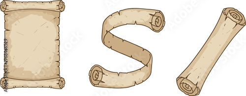 Vector illustration of parchment scrolls in rolled, partially rolled, and unrolled antique styles