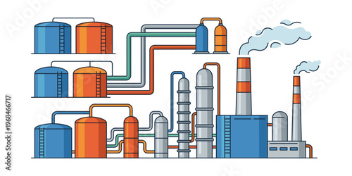 Oil refinery or chemical plant producing energy. Tanks storing fuel, complex pipe system transferring liquids, and smoking chimneys causing air pollution