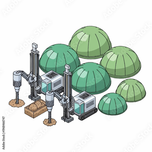 Automated Robotic Manufacturing System Producing Green Dome-Shaped Components.