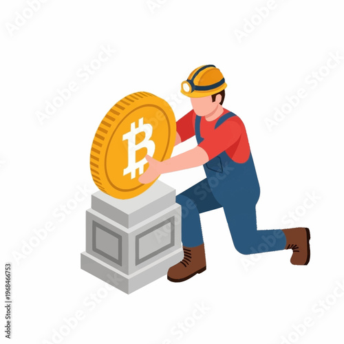 Bitcoin Miner Placing Cryptocurrency Coin on Pedestal.