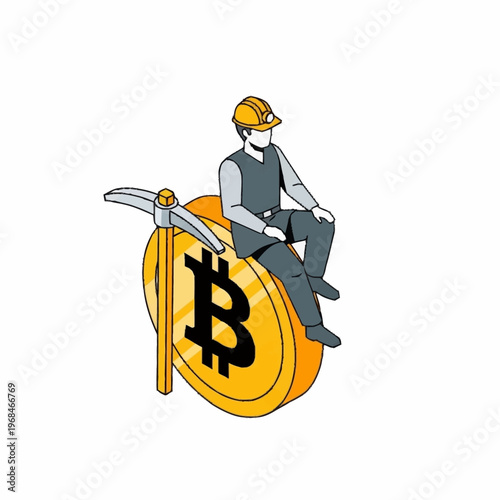 Bitcoin Miner Sitting on Cryptocurrency Coin with Pickaxe.