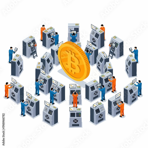 Bitcoin mining farm with workers operating cryptocurrency machines.