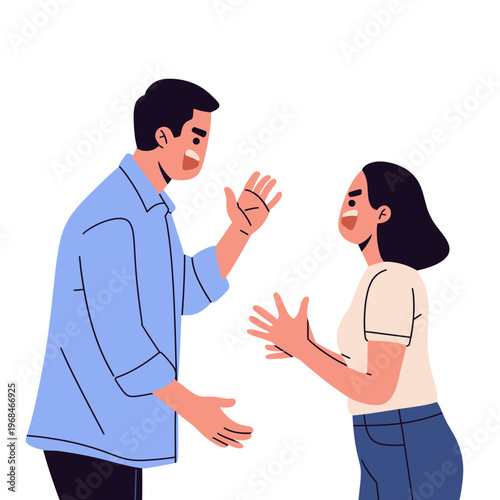 illustration shows a couple in the middle of a heated conversation, with gestures indicating frustration or disagreement. ideal for illustrating relationship struggles, communication breakdowns,