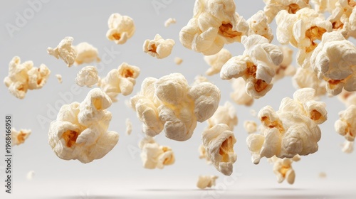 Popcorn pieces suspended in mid-air as if just popped, pure white background