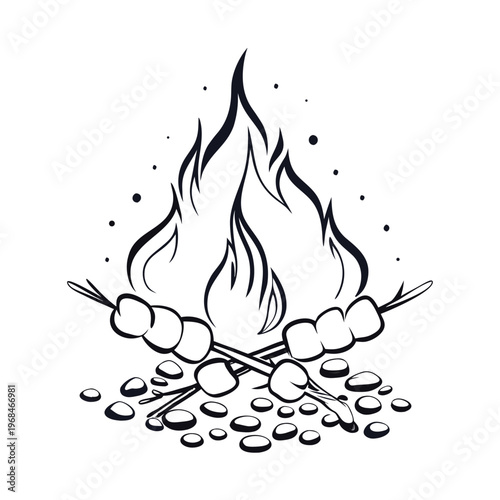 Campfire silhouette with marshmallows on sticks, a classic symbol of outdoor evenings.