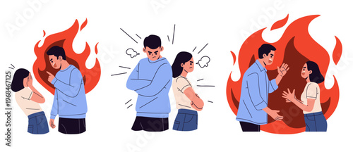 illustration a couple emotional struggle, depicting a heated argument with fiery backgrounds symbolizing conflict and frustration. ideal for topics related to relationship dynamics, communication isue
