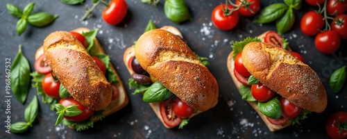 Three fresh sandwiches with tomatoes basil and olives arranged on dark rustic surface. Ready to eat meal with fresh ingredients, perfect for lunch or snack.