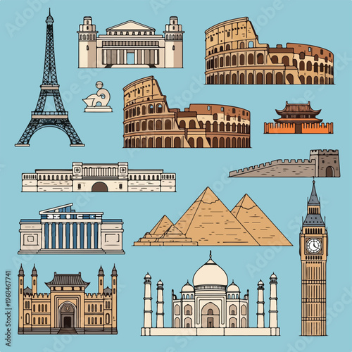 Colorful illustrated collection of famous global landmarks