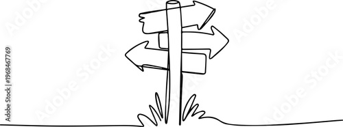 wooden signpost continuous line drawing concept, Continuous one line drawing of road direction sign arrows. Textured wooden sign board hand drawn vector illustration, Arrow direction one line