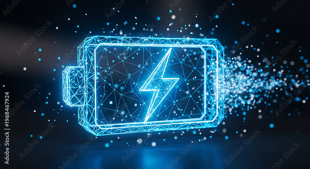 Obraz premium Digital battery icon with glowing lightning bolt symbolizing energy and power, representing technology and innovation