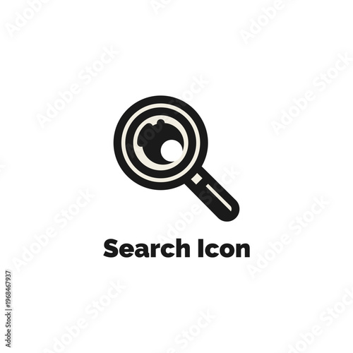 Modern black magnifying glass search icon with stylized lens reflection for web interface discovery and finding information on white
