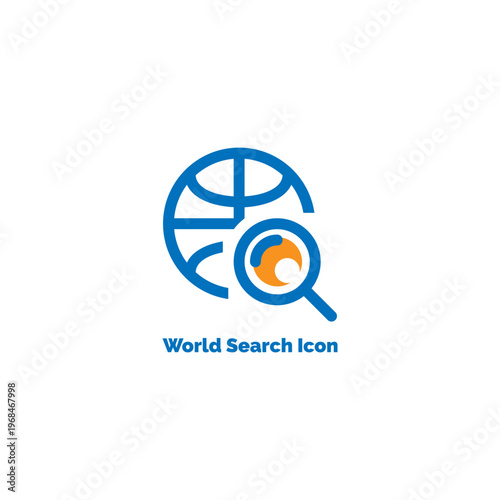 World search icon with blue globe outline and orange magnifying glass for global discovery finding places and international information
