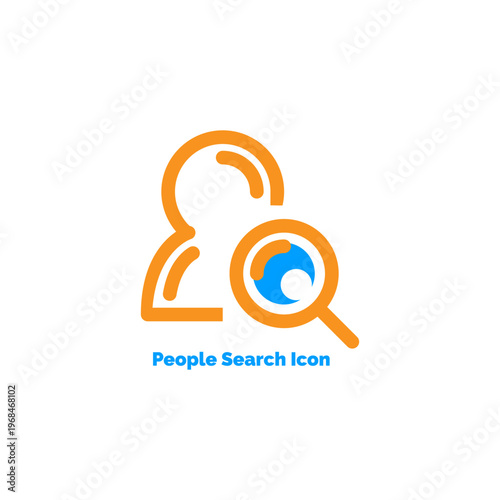 People search icon featuring an orange human avatar and blue magnifying glass for finding contacts recruiting users and profiles
