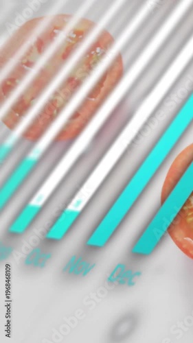 Vertical video: Teal UI bars sliding over tomato halves when month labels slide, showing progress