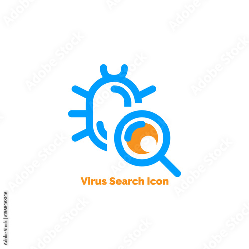 Virus search icon featuring blue bug outline and orange magnifying glass for malware detection cybersecurity scanning and computer protection
