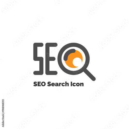 SEO search icon featuring gray letters and orange magnifying glass for engine optimization digital marketing analysis website ranking white
