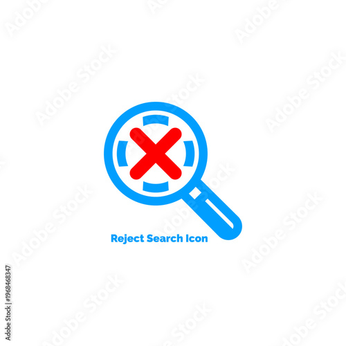 Reject search icon featuring blue magnifying glass with a red cross mark for unsuccessful findings or invalid search results
