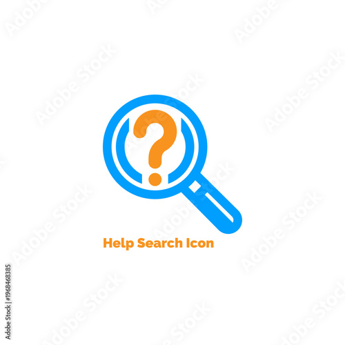 Help search icon featuring a blue magnifying glass with an orange question mark for customer support assistance and information
