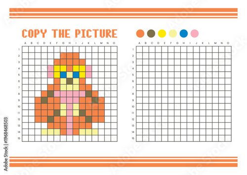Copy the picture grid drawing worksheet for kids. Pixel art gibbon