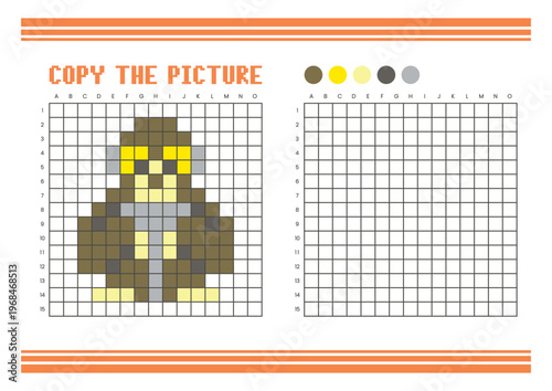 Copy the picture grid drawing worksheet for kids. Pixel art gibbon