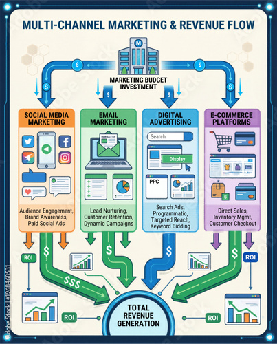 Multi Channel Marketing 2026 Revenue Stream Flow Infographic