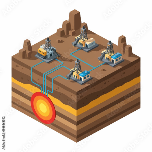 Isometric Geothermal Energy Power Plant with Drilling Rigs.