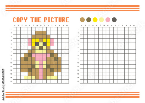 Copy the picture grid drawing worksheet for kids. Pixel art gibbon