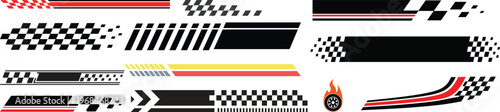 Racing checkered flag elements set, speed motion stripes patterns, motorsport design collection, flat vector illustration isolated.Set of Racing Themed Graphic Design Elements and Icons.