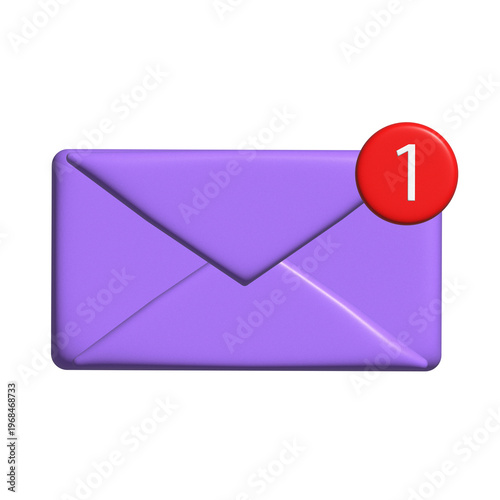 Purple email envelope with notification badge, isolated on transparent background