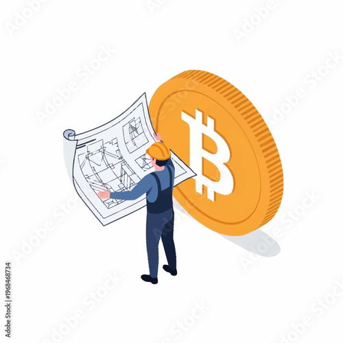 Isometric illustration of a worker examining a blueprint next to a large bitcoin coin.