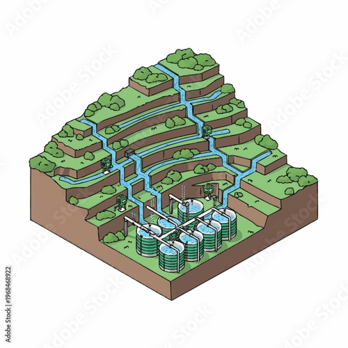 Isometric illustration of a terraced mountain with a complex water management system, including reservoirs and irrigation channels.