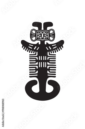 Stylized pre Columbian tribal gold figurine icon with symmetrical geometric design. Ancient symbolic silhouette inspired by indigenous artifact