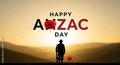 Anzac day commemorative poster with silhouette of a soldier and poppies