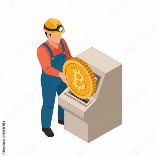 Isometric Miner Inserting Bitcoin into Machine.