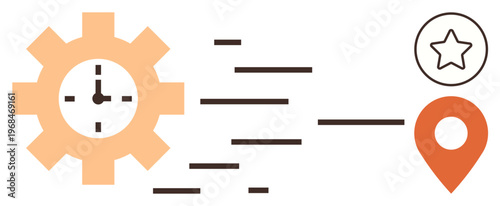 Time optimization, navigation, productivity, scheduling, logistical planning, progress tracking. Gear with clock, lines star and map pin. Time optimization and navigation theme