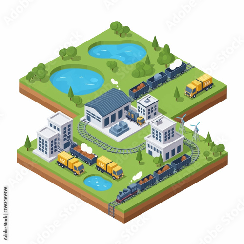 Isometric Train Station and Depot Scene.