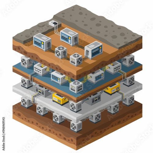 Layered Data Center Infrastructure with Servers and Cooling Systems.