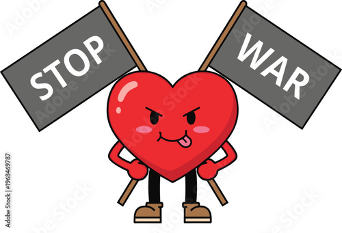 Cartoon heart character mascot holding stop war protest banners isolated on white background for peace and anti war activism concept