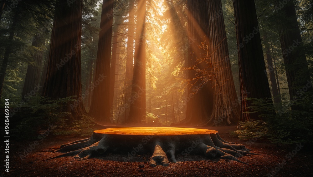 Obraz premium Sunlight Illuminates Tree Stump in Enchanted Forest Setting