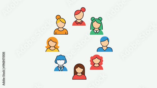 Colorful illustrated figures in a circle. Each with unique hair