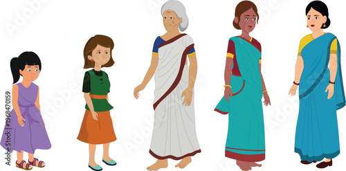 South Asian Indian Women and Girls Portrait Traditional Clothing Saree Generations Family Illustration
