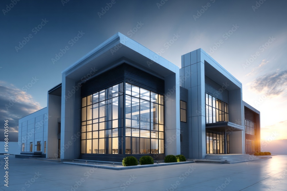 Fototapeta premium Modern commercial structure displays contemporary architectural elements against a twilight sky