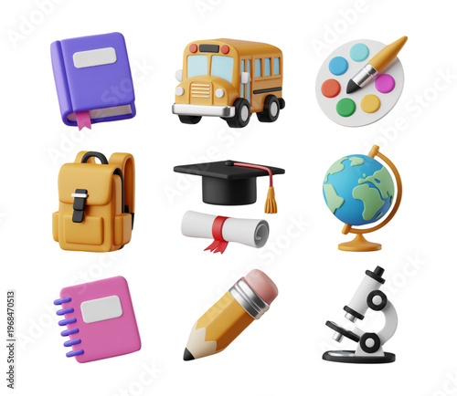3D School Icons with Backpack Books Globe Pencil and More