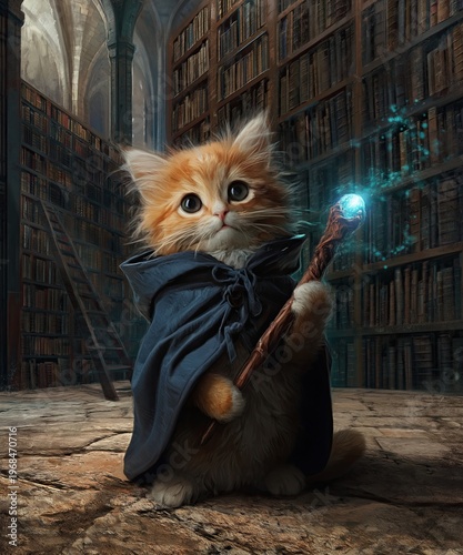 Kitten Cat sorcerer apprentice in ancient library