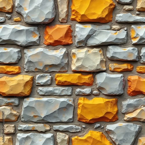 Rough stone wall pattern with textured gray white blocks and bright yellow orange accents. Naturalistic yet artistic material creates a bold visual for backgrounds or decor.