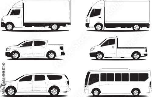 Commercial Vehicle Collection Set with Truck Pickup SUV and Minibus Vector