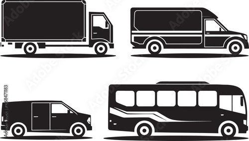 Black Silhouette Vehicle Collection with Truck Van Sedan and Bus Vector Set