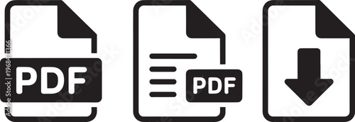 PDF File Icons Set Download Document Black and White Vector Illustration
