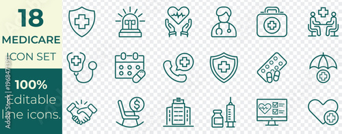 Medicare Healthcare Line Icon Set – Hospital, Doctor, Nurse, Insurance, Pharmacy, Patient, Clinic, Treatment Symbols, Editable Stroke Vector Illustration